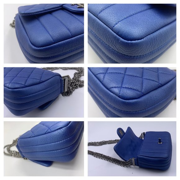 Authentic CHANEL CC Calfskin Blue Mini Flap Shoulder Bag/Ruthenium Hardware - Picture 5 of 11